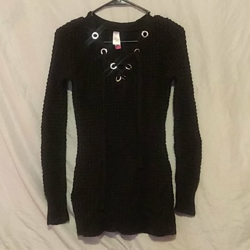Black Lace Up Front Knit Over Sweater